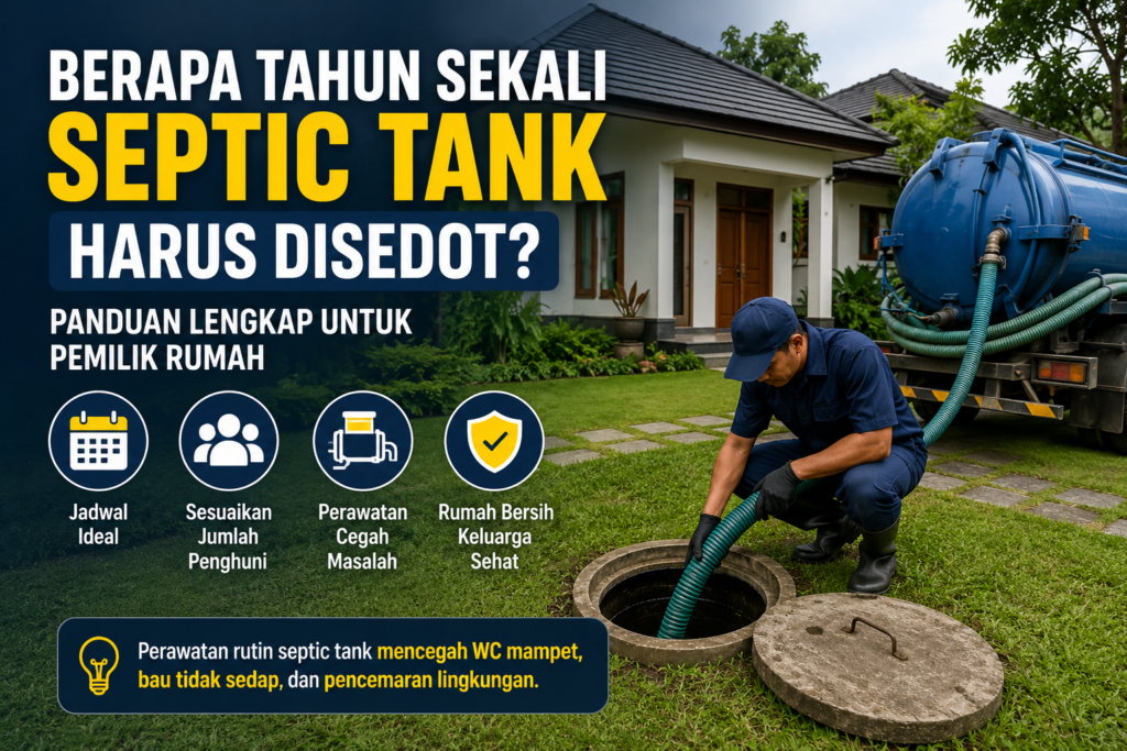 Petugas sedang menyedot septic tank rumah sebagai bagian dari perawatan rutin sistem sanitasi.