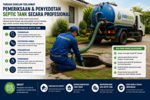 Teknisi melakukan pemeriksaan dan penyedotan septic tank menggunakan truk vakum profesional untuk mengatasi septic tank penuh.