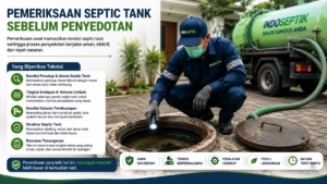Teknisi memeriksa kondisi septic tank sebelum proses penyedotan untuk memastikan penanganan yang aman, efektif, dan sesuai dengan kondisi di lapangan.