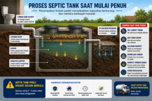 Ilustrasi proses septic tank yang mulai penuh akibat penumpukan endapan limbah sehingga menyebabkan aliran pembuangan menjadi terganggu.