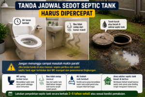 Ilustrasi tanda septic tank perlu segera disedot seperti WC lambat turun, bau tidak sedap, dan tanah di sekitar septic tank basah.