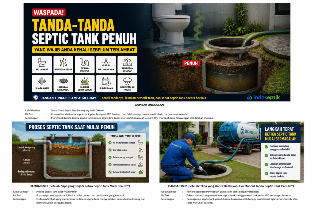 Ilustrasi tanda-tanda septic tank penuh seperti WC lambat, bau tidak sedap, saluran mampet, dan rembesan limbah yang memerlukan pemeriksaan.