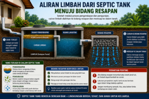 Ilustrasi aliran limbah dari septic tank menuju bidang resapan setelah melalui proses pengendapan dan penguraian oleh bakteri anaerob.