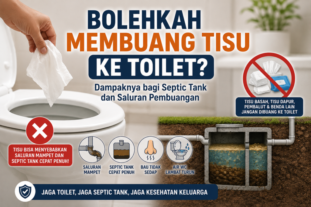 Ilustrasi membuang tisu ke toilet yang dapat menyebabkan saluran mampet dan septic tank cepat penuh.