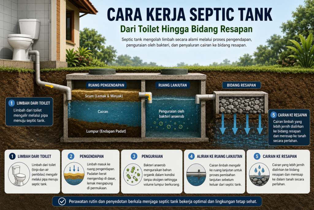 Ilustrasi cara kerja septic tank mulai dari limbah toilet, proses pengendapan, penguraian oleh bakteri anaerob, hingga cairan dialirkan ke bidang resapan.