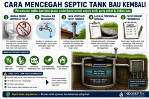Infografik cara mencegah septic tank bau kembali dengan perawatan rutin dan penggunaan toilet yang benar.