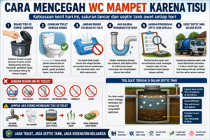 Infografik cara mencegah WC mampet akibat membuang tisu ke toilet serta tips menjaga septic tank tetap lancar.