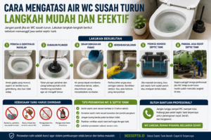 Infografis langkah mengatasi air WC susah turun mulai dari memeriksa saluran hingga mengecek kondisi septic tank.