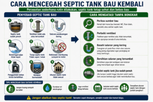 nfografik cara mengatasi septic tank bau tanpa harus membongkar septic tank dengan perawatan dan pemeriksaan yang tepat.