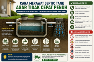 Infografis cara merawat septic tank agar tidak cepat penuh dengan perawatan dan penggunaan yang benar.