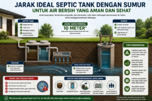 Infografis jarak aman septic tank dengan sumur untuk mencegah pencemaran air tanah dan menjaga kualitas air bersih.