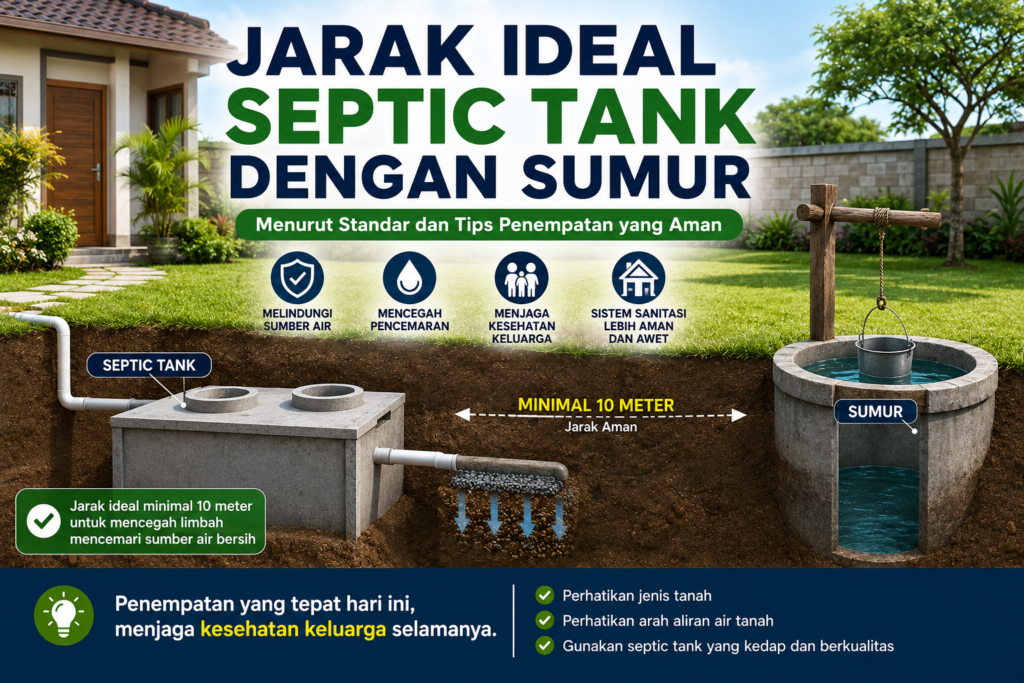 Ilustrasi jarak ideal septic tank dengan sumur untuk mencegah pencemaran sumber air bersih di lingkungan rumah.