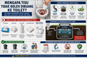 Infografik jenis tisu yang tidak boleh dibuang ke toilet karena dapat menyebabkan saluran mampet dan septic tank cepat penuh.