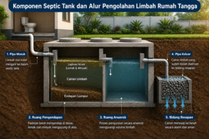 Ilustrasi komponen septic tank dan alur pengolahan limbah rumah tangga dari toilet hingga bidang resapan.