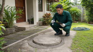 Teknisi memeriksa kondisi septic tank di halaman rumah