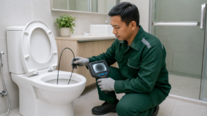 eknisi memeriksa saluran WC mampet menggunakan kamera inspeksi