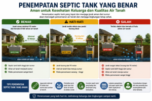 Ilustrasi penempatan septic tank yang benar dan salah berdasarkan jarak dengan sumur serta arah aliran air tanah.