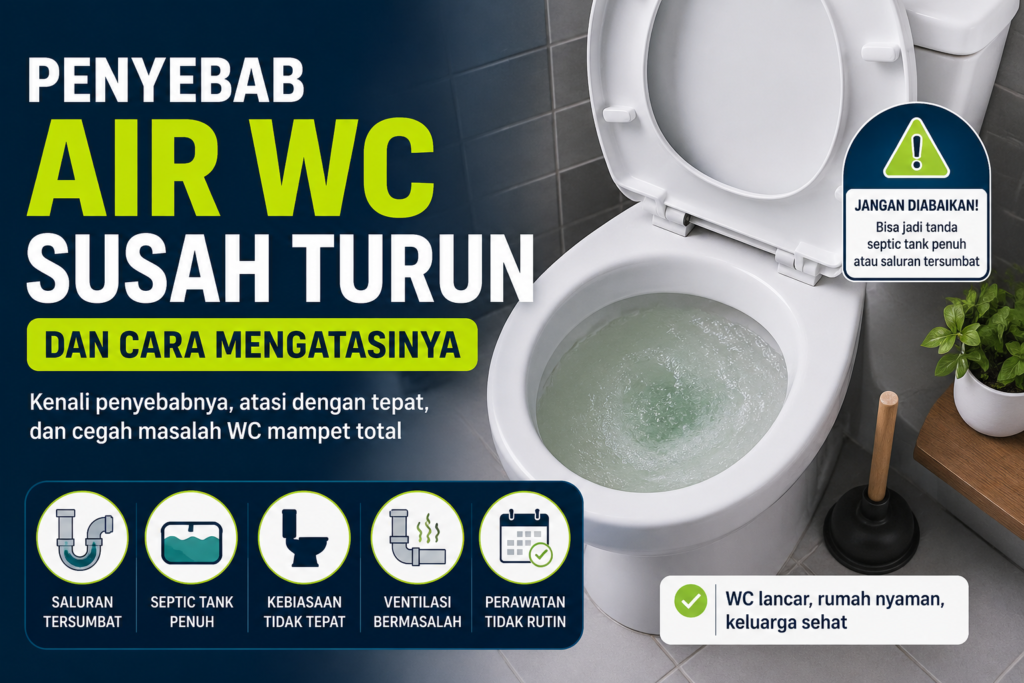 Ilustrasi penyebab air WC susah turun akibat saluran tersumbat atau septic tank penuh beserta cara mengatasinya.