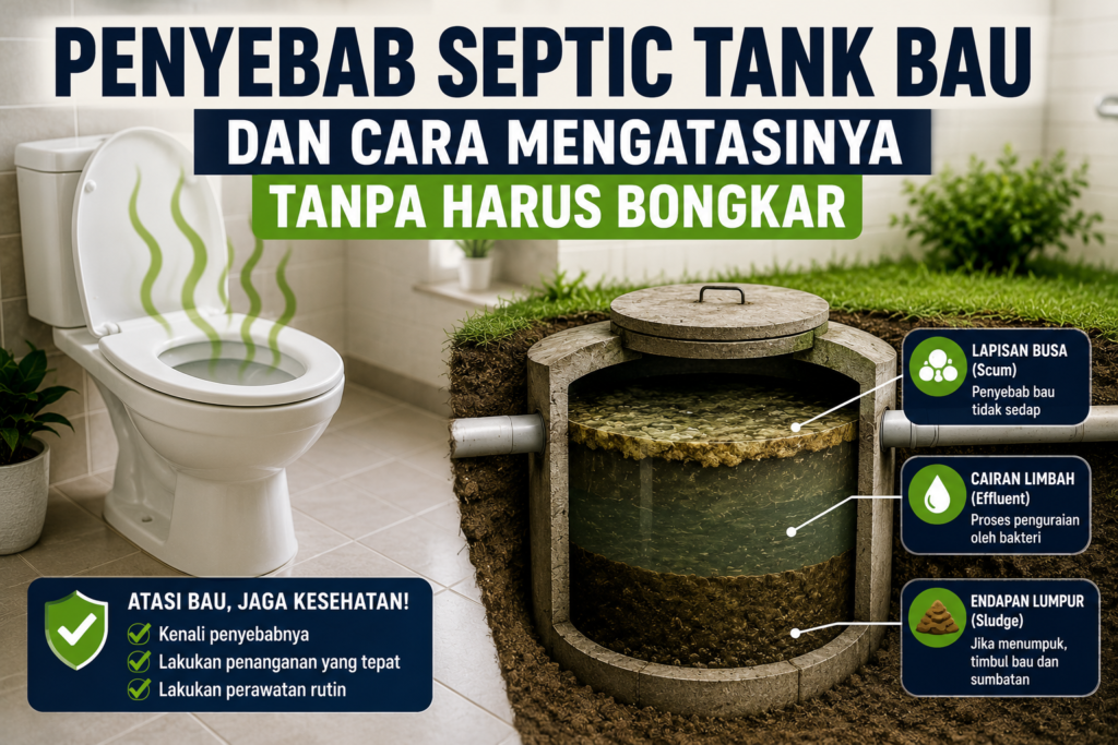 Ilustrasi septic tank mengeluarkan bau tidak sedap beserta penyebab dan cara mengatasinya tanpa harus membongkar septic tank.