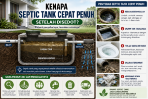 Infografis penyebab septic tank cepat penuh setelah disedot beserta solusi pencegahannya.