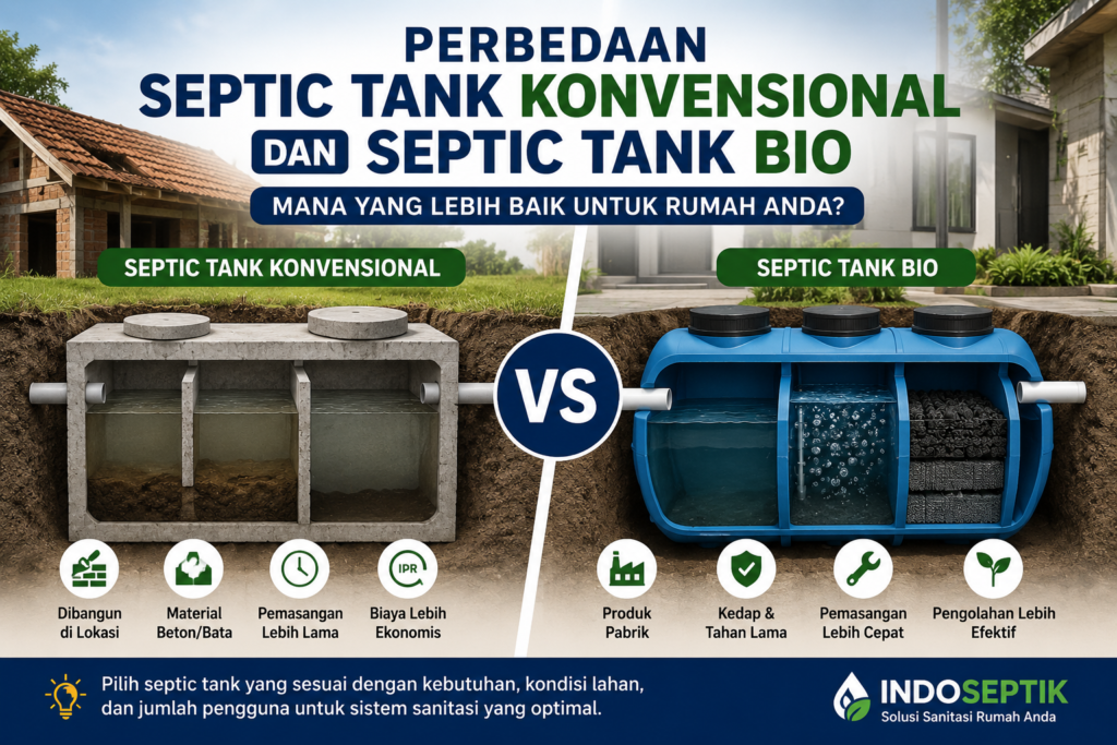 Perbandingan septic tank konvensional dan septic tank bio dari segi konstruksi, material, pemasangan, dan sistem pengolahan limbah rumah tangga.