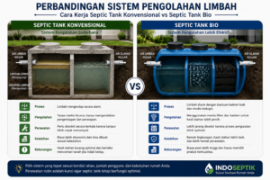 Perbandingan septic tank konvensional dan bio septic tank dari cara kerja, pengolahan limbah, hingga perawatan.