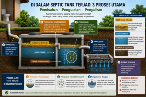 Ilustrasi proses pengolahan limbah di dalam septic tank mulai dari pemisahan, penguraian oleh bakteri anaerob, hingga aliran cairan menuju bidang resapan.