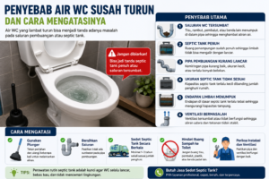 nfografis penyebab air WC susah turun karena saluran tersumbat, septic tank penuh, dan cara mengatasinya.