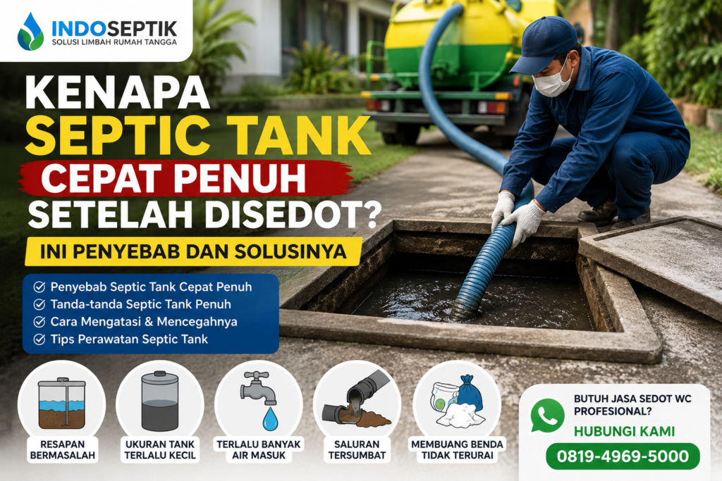 Petugas sedang menyedot septic tank yang cepat penuh setelah disedot untuk memeriksa penyebab dan melakukan penanganan.
