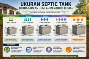 Infografis ukuran septic tank berdasarkan jumlah penghuni rumah mulai dari 2 orang hingga lebih dari 10 orang.