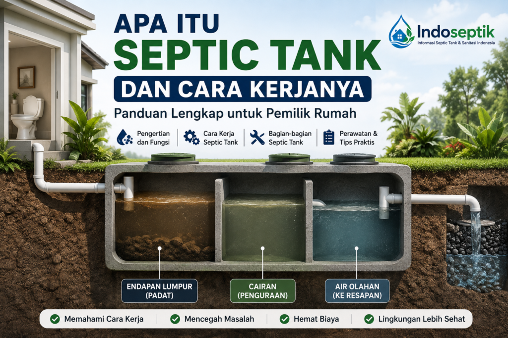 Ilustrasi cara kerja septic tank yang menunjukkan proses pengendapan limbah, penguraian oleh bakteri anaerob, dan aliran air menuju sistem resapan.