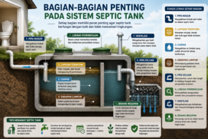 Infografis bagian-bagian penting pada sistem septic tank yang menampilkan pipa masuk, lapisan terapung, cairan, endapan lumpur, pipa keluar, ventilasi, lubang pemeriksaan, dan bidang resapan.