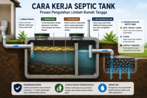 Infografis cara kerja septic tank yang menunjukkan aliran limbah dari toilet, proses pengendapan, penguraian oleh bakteri anaerob, hingga air olahan menuju bidang resapan.