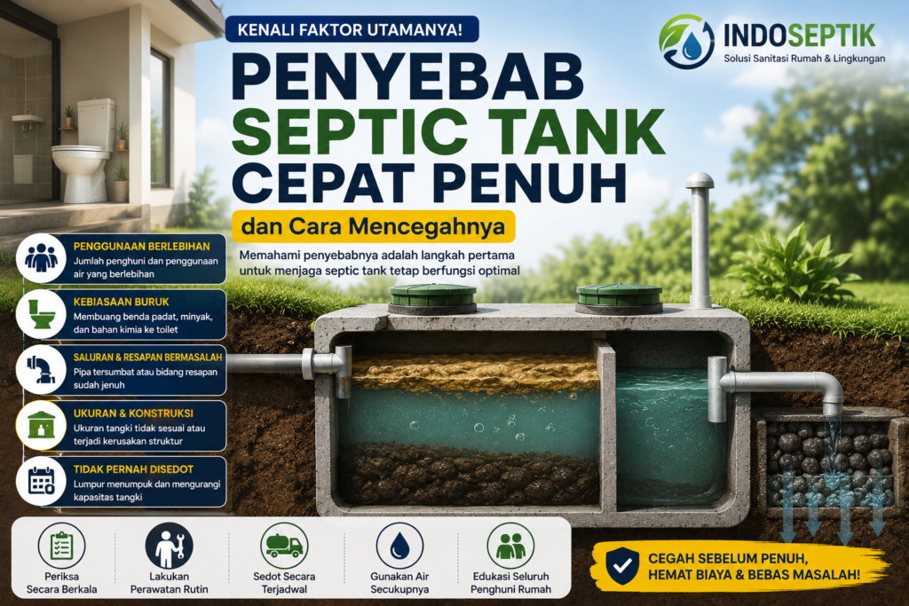Infografis penyebab septic tank cepat penuh yang menjelaskan faktor penggunaan air berlebihan, kebiasaan membuang sampah ke toilet, saluran dan bidang resapan bermasalah, ukuran tangki yang tidak sesuai, serta pentingnya penyedotan berkala.