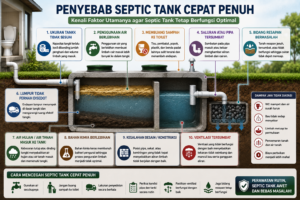 Infografis penyebab septic tank cepat penuh yang menjelaskan ukuran tangki tidak sesuai, penggunaan air berlebihan, sampah di toilet, saluran tersumbat, bidang resapan bermasalah, hingga pentingnya penyedotan berkala.