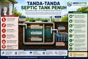 Infografis penyebab septic tank cepat penuh setelah disedot yang menjelaskan bidang resapan jenuh, pipa keluar tersumbat, air hujan masuk, penyedotan tidak optimal, kerusakan konstruksi, dan limbah padat yang masih masuk ke septic tank.