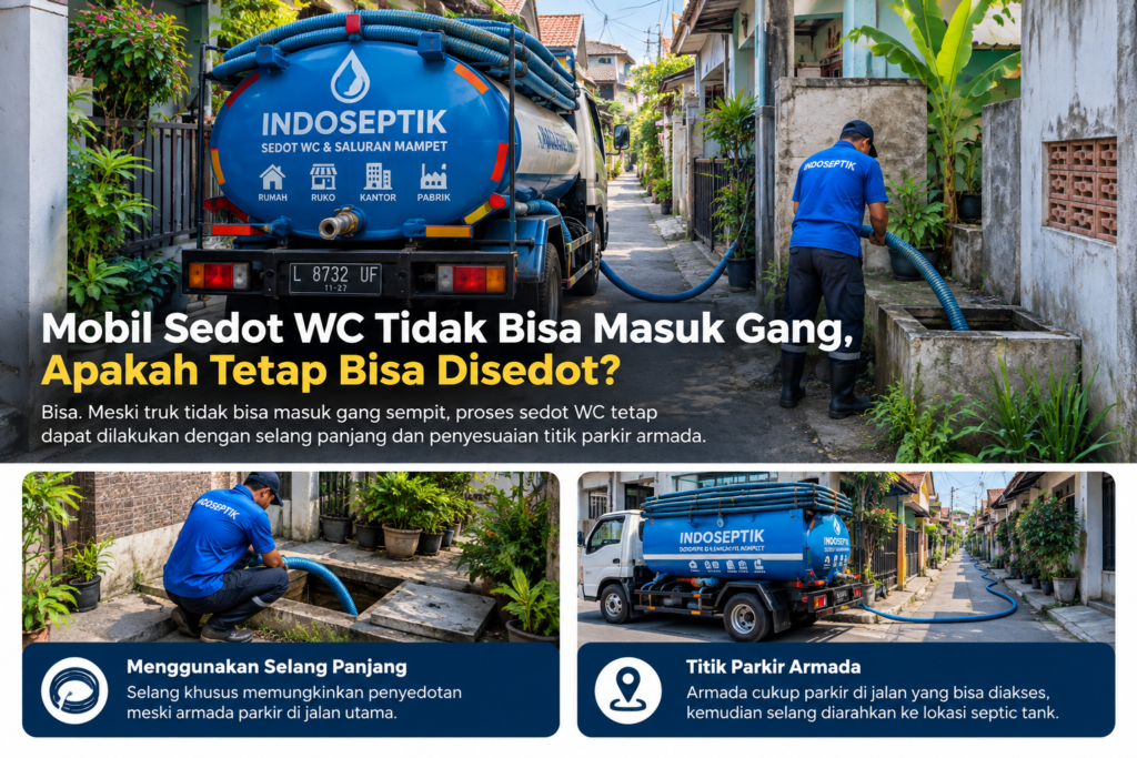 Mobil sedot WC Indoseptik melayani rumah di gang sempit dengan selang panjang