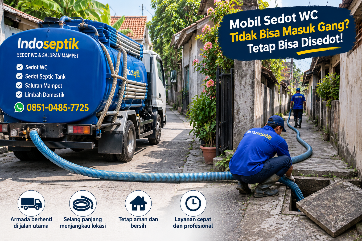 Selang panjang dari armada sedot WC menjangkau septic tank rumah di dalam gang